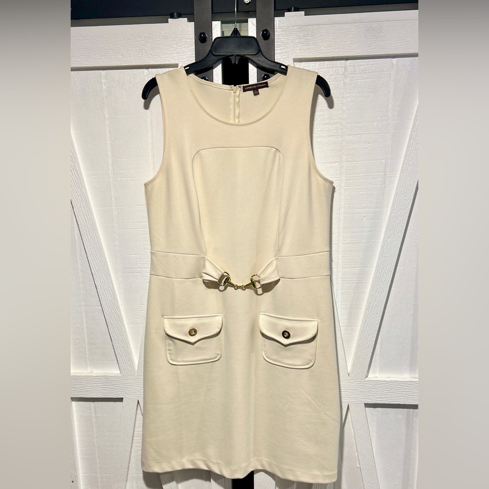 Adrienne Vittadini Classic Cream Sleeveless Shift Dress with Gold Buckle
